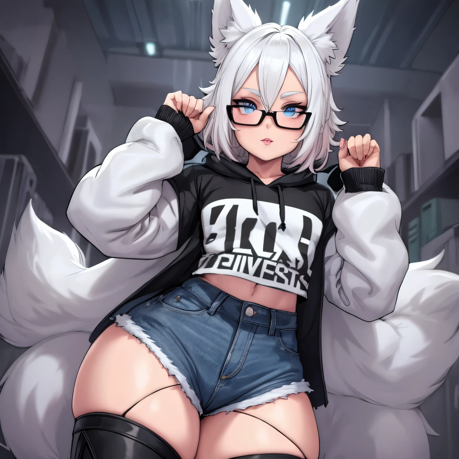 Single boy, Anime boy, Short, Long white hair, wolf ears, wolf tail, blue eyes, wearing short denim shorts, thigh high fishnets, black combat boots, oversized cropped hoodie, flat chest, super flat chest, solo femboy, only one femboy ((FLAT CHEST)) solo, alone, (SOLO)(ALONE) thicc thighs, wide hips, blue eyes, perfect eyes, perfect face, wearing pink lip gloss, happy, curvy, sparkly blue eyes, wearing large round glasses, on hands and knees, from behind, showing butt, round butt, presenting