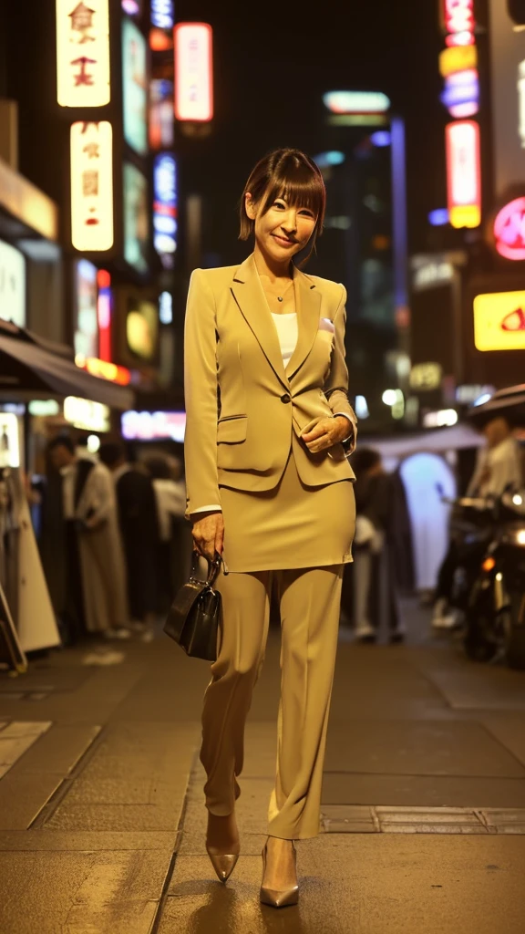 ((Top Quality)), ((8K)), ((Masterpiece: 1.3)), (Perfect Appearance), (Photorealism: 1.6), (Japanese Woman Walking in the Alley at the End of the Market), (Shinjuku Golden at Night City: 1.4), (Bar area: 1.2), (Precise background), Japanese mature woman, (60 years old), ((upright, front, center of screen)), ((realistic skin texture)), (fine wrinkles throughout the skin), (dullness of the skin), (moisture ( Wrinkles on the face), (wrinkles at the corners of the eyes), double eyelids, tear bags on the lower eyelids, eyes turned towards you, a smile with the corners of the mouth raised wide, short bangs, straight medium hair, long hair, hair blowing in the wind, (Business suit: 1.4), (long skirts), (full body portrait: 1.4),