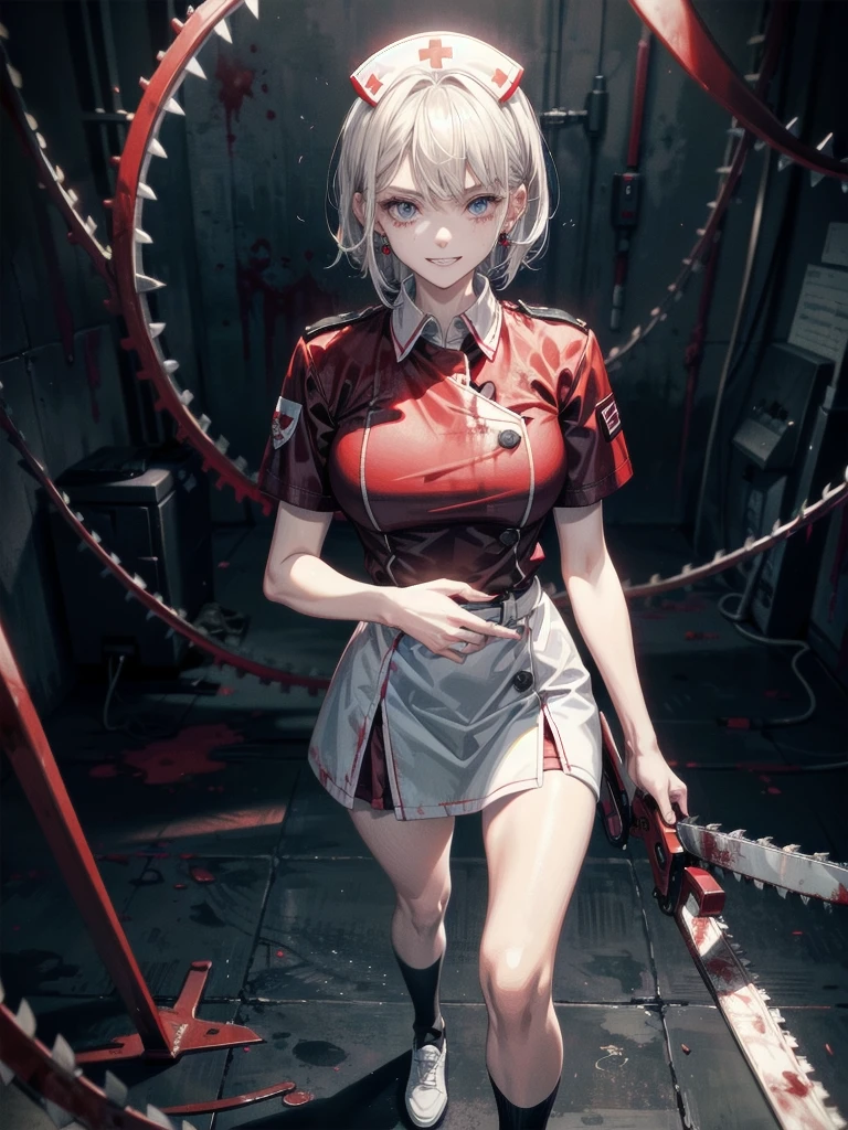 blood, blood splatter, blood on clothes, blood stain, hospital, ((nurse uniform)), holding electric chainsaw, absurdres, RAW photo, extremely delicate and beautiful, masterpiece, Best Quality, ultra high resolution, 32k, hyperrealistic, ultra-detailed, detailed description, pale skin, 20 years old, tearful mole, earring, Colossal tits, short medium hair, wavy hair, evil grin, full body shot,