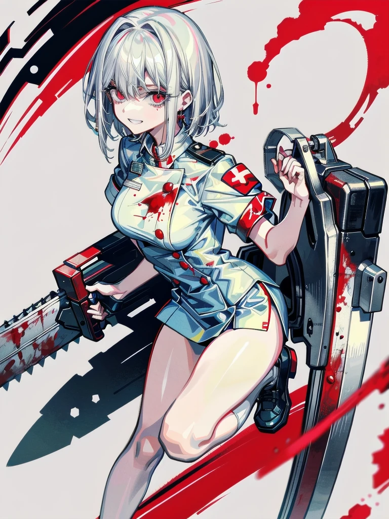 (blood), (blood splatter), (blood on clothes), (blood stain), hospital, ((nurse uniform)), (holding electric chainsaw), absurdres, RAW photo, extremely delicate and beautiful, masterpiece, Best Quality, ultra high resolution, 32k, hyperrealistic, ultra-detailed, detailed description, pale skin, 20 years old, tearful mole, earring, Colossal tits, short medium hair, wavy hair, evil grin, full body shot,
