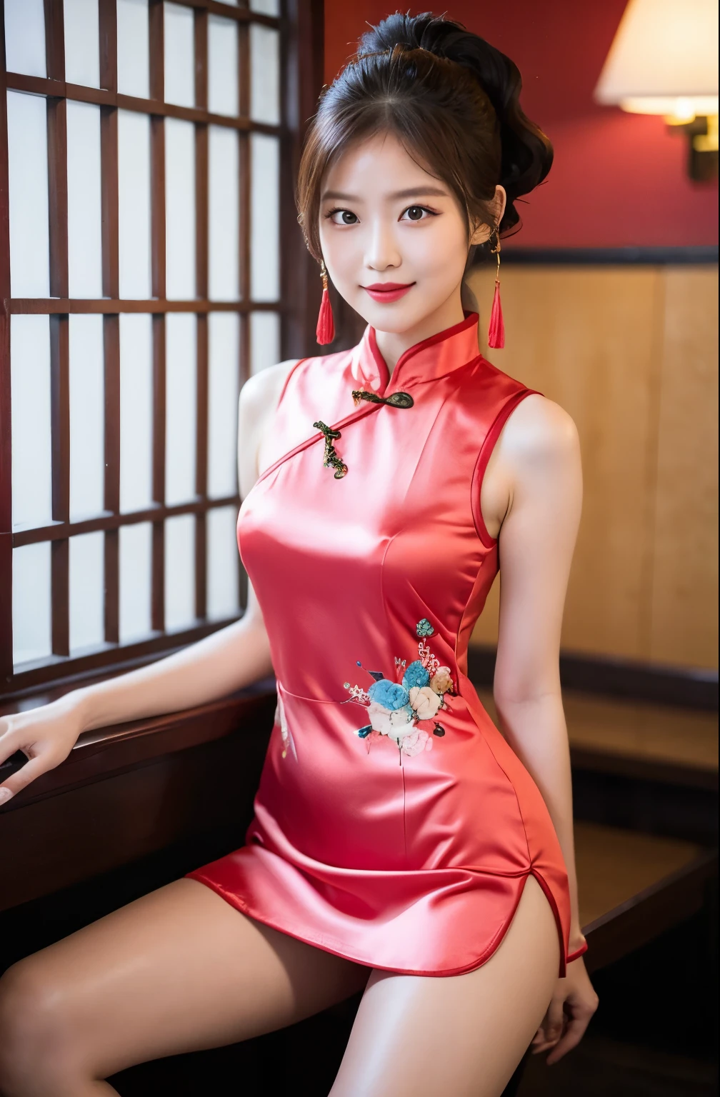 (highest quality、8k、masterpiece、Hmph:1.2)、19-year-old slender beauty,Flashy makeup using red eyeshadow,Open your mouth wide、Yōho、double eyelid,Delicate medium cut ponytail,squat、Spread your legs, Showing white panties,Her white panties are clearly visible、Sexy Chinese dress and silk mini skirt,The best smile,She is wearing a sexy short colorful cheongsam。。,Cheongsam with deep slit,Draw hands correctly,The background is the bright interior of a Chinese restaurant...,