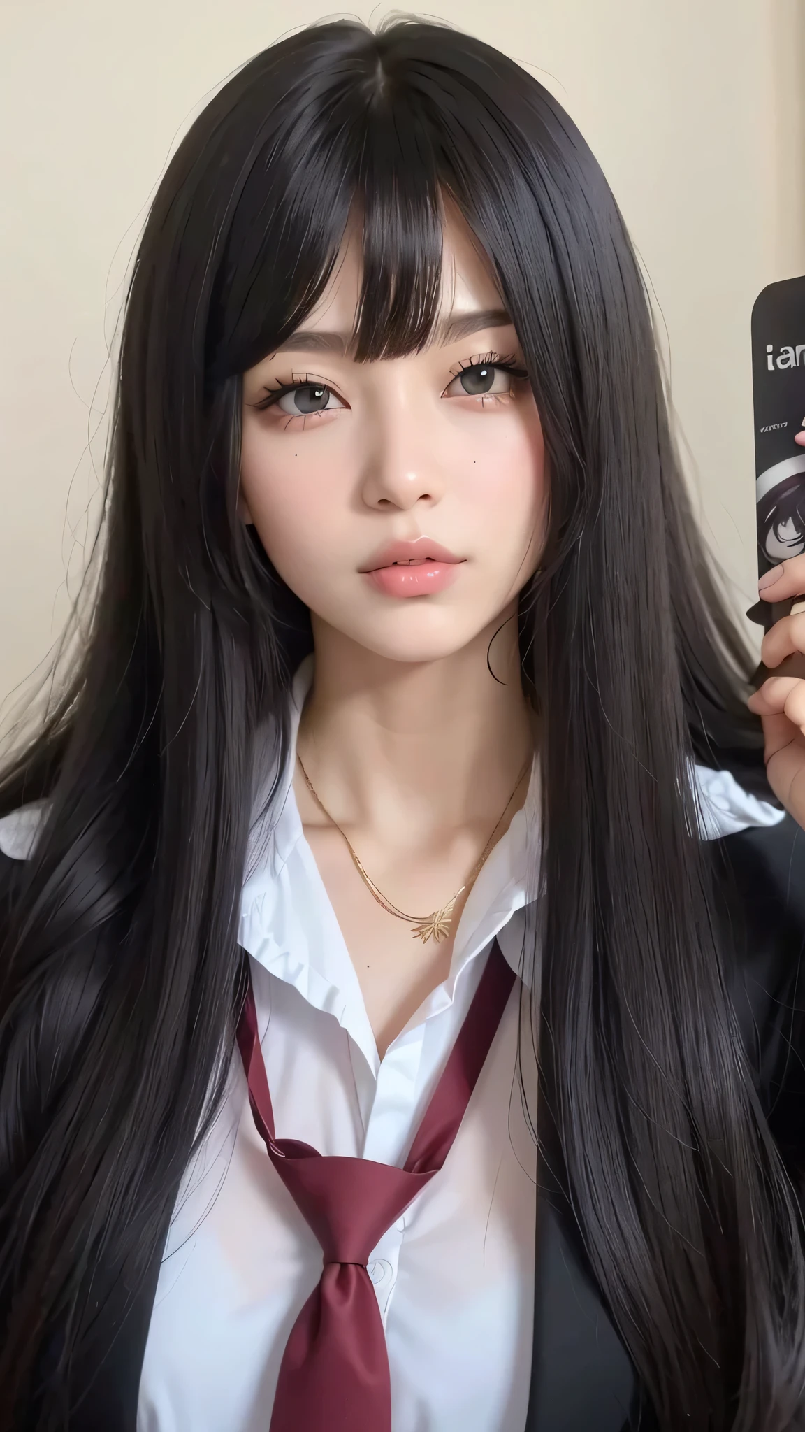 there is a woman with long hair wearing a tie and suit, com cabelos longos e olhos penetrantes, large eyes and flowing long hair, garota de anime na vida real, cabelo preto e olhos grandes, cabelo preto longo com franja, cabelo longo e escuro com franja, ela tem cabelo preto com franja, jovem anime realista, rosto de anime natural fofo, cruel korean goth girl