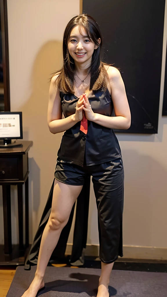 (8k、RAW Photos、highest quality、masterpiece:1.2)、(Realistic、Realistic)、1 girl、((large size black suit、red tie、rub my chest、pants suit、turn knees out、pelvic forward、over size suit、Woman grabs her own breasts、boyish、tom boy、public indecency、bend knees、 sexy suit、mens suit、large suit、hutanari 、grabbing breasts、 Leg spread、Bow-legged、Touching as if groping the breasts、Wide Stride、Leg spread、smile、sexy、I can see your chest、View from the front、Stand with hands on hips、In the city))、