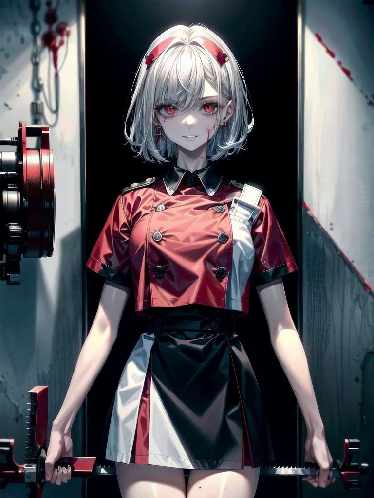 (blood), (blood splatter), (blood on clothes), (blood stain), hospital, ((nurse uniform)), (holding electric chainsaw), absurdres, RAW photo, extremely delicate and beautiful, masterpiece, Best Quality, ultra high resolution, 32k, hyperrealistic, ultra-detailed, detailed description, pale skin, 20 years old, tearful mole, earring, Colossal tits, short medium hair, wavy hair, evil grin, full body shot,