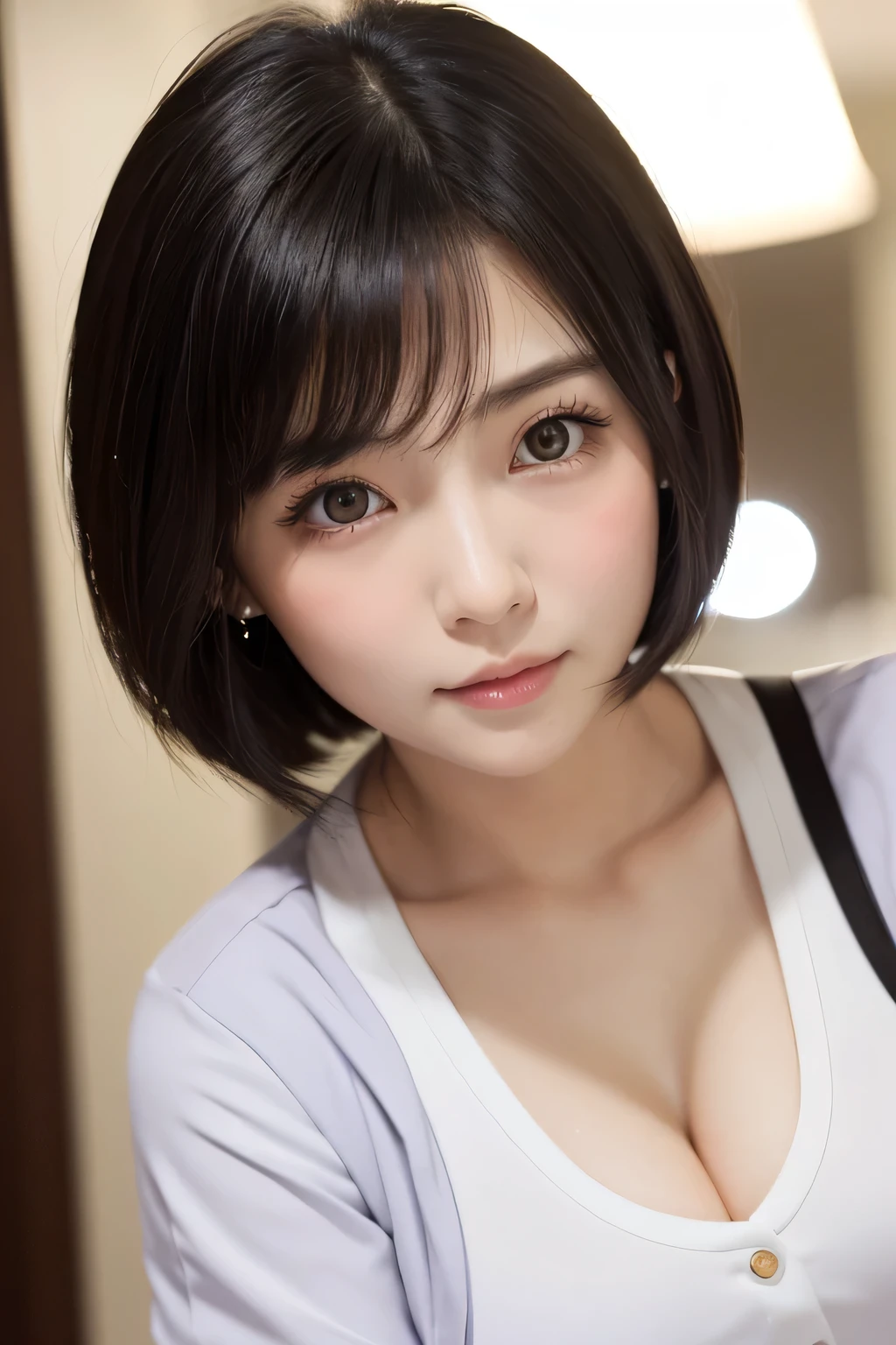 (1 Girl)、(Beautiful Japanese、18years old,round face、Refreshing、clear、seems kind、stylish、Pitiful、cute like an angel、cute、black eyes、,actress,Almond-shaped eyes), Good style , (Beautiful big breasts:1.2),(soft breasts),(very cute),(Black hair),(short bob hair),(enchanting eyes),(highlight on eyes:1.2)、(8K、Live shooting、highest quality、masterpiece:1.2、optimal lighting)、((masterpiece)),(Photo taken by a professional photographer),(real、photo real:1.4),break,{ (White nurse costume),(((taraditional nurse uniform))),,{(White nurse tight pants)},(cleavage:1.2)},( Surprised:1.4),(tears:1.4))(cheeks are red:1.2), break, break,Hospital,Face shot:1.3、Night corridor、Looking at viewer:1.6, face close-up,Looking up