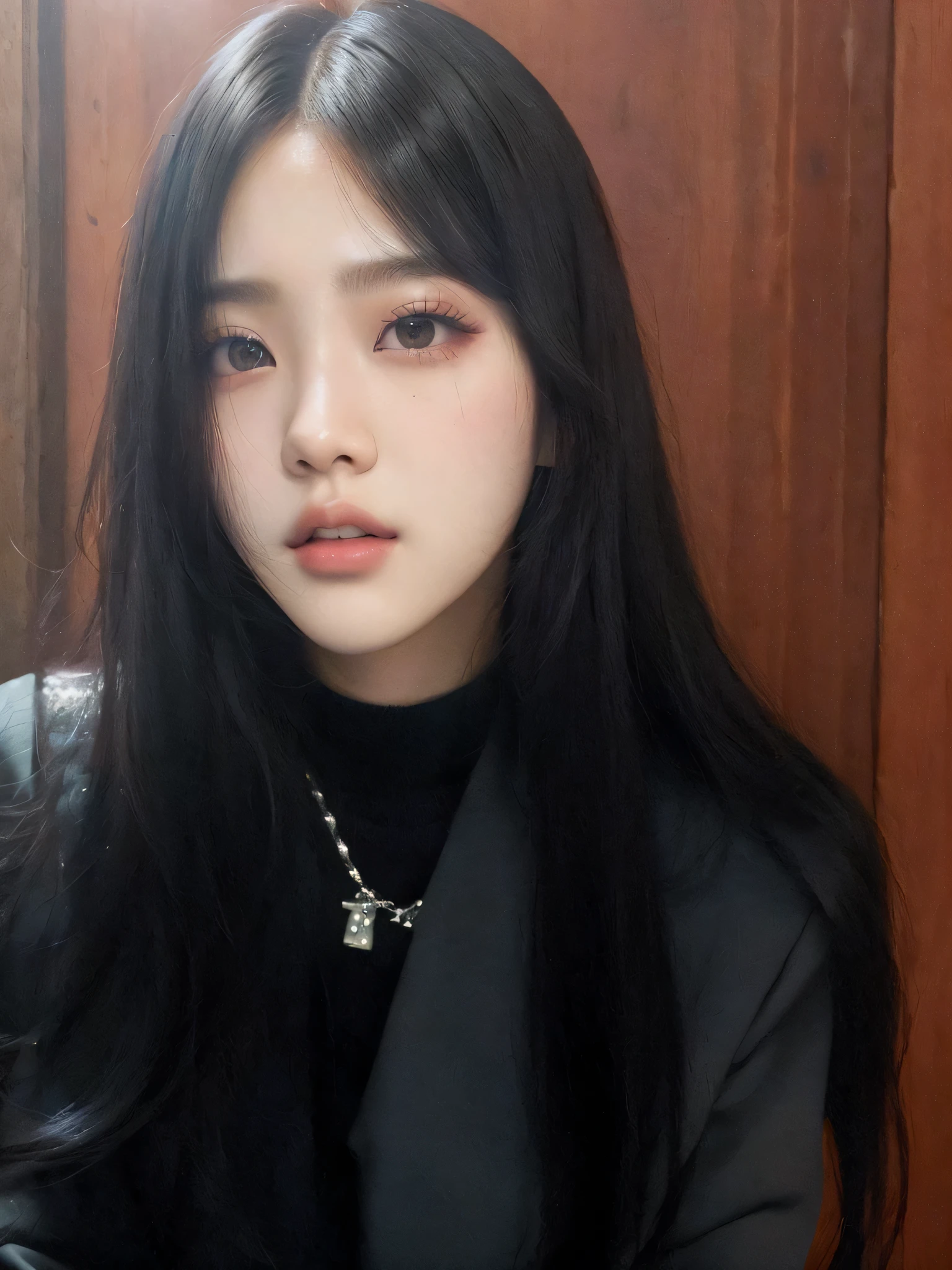 um close de uma mulher com longos cabelos pretos e uma jaqueta preta, Jinyoung Shin, Ulzzang, portrait of jossi do blackpink, Jaeyeon Nam, ela tem cabelo preto com franja, coreana, adorable and pale korean face, Kim Doyoung, heonhwa choe, jossi do blackpink, retrato de jisoo blackpink, Lee Ji-eun