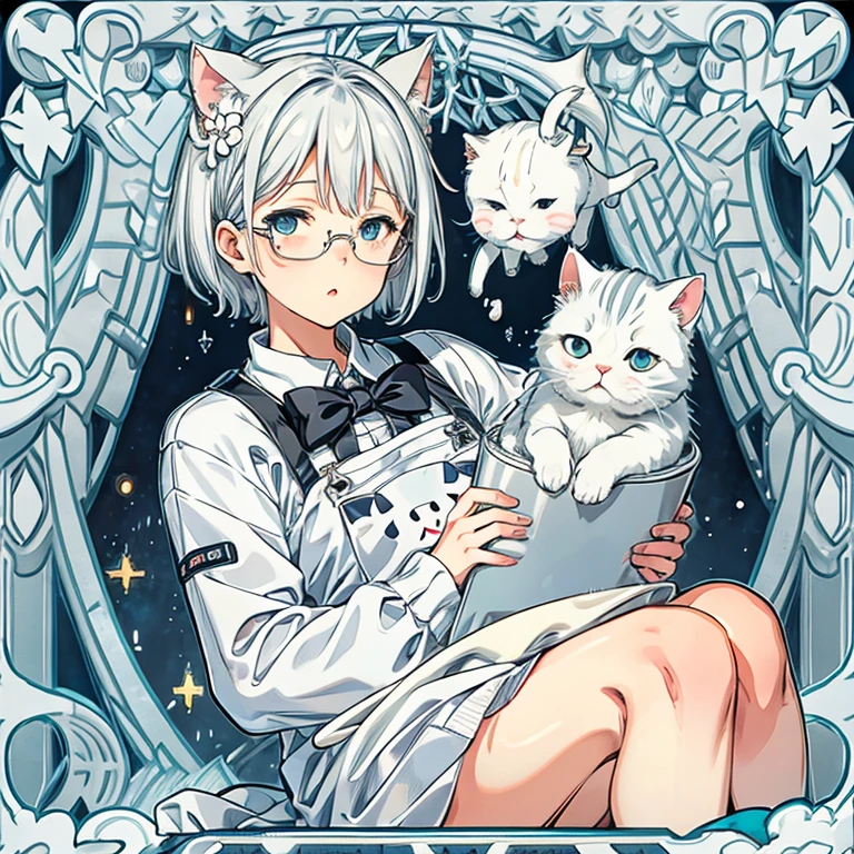White cream gray british shorthair cat with oral glasses, anime style
