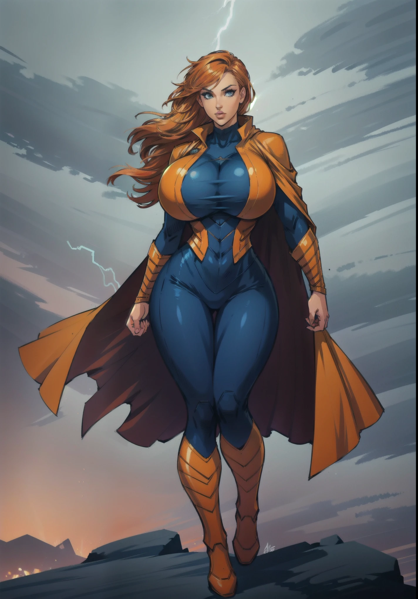 milf female superhero in a red cape, beautiful face, (orange hair:1.2), standing on a rock, lightning crest, lightning storm in the background, red cape on her back, (huge breasts:1.2), Artgerm, storm, a comic book panel, shock art, superhero suit,  blue white and red superhero suit, concept art, character design, (full body shot:1.2), huge breasts, wide hips,  slim waist,  b1mb0, solo