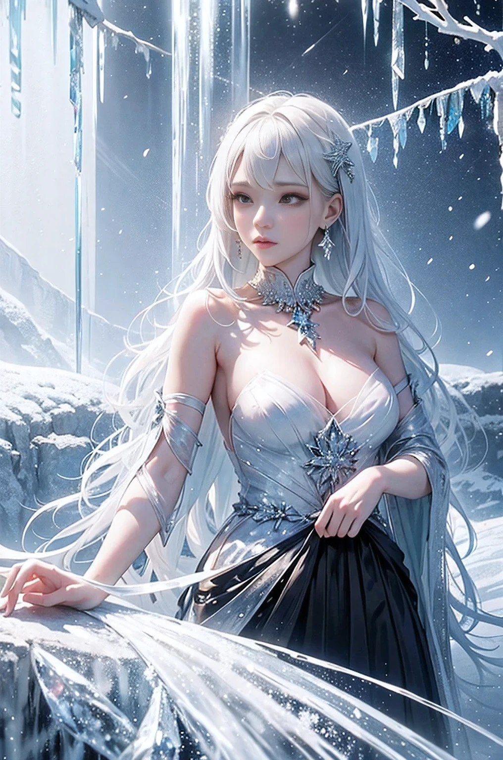 wood, Detailed mini ice spikes and crystals, Frozen waterfall as background, Light reflected on ice crystals, Flowing snowflakes.Beautiful woman、white hair、cutegirl,Realistic people,black dress
