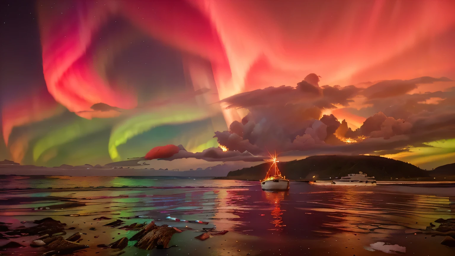a red and green aurora bore over a beach with a boat in the water, magical colours and atmosphere, magical colors and atmosphere, red sprites in the atmosphere, breathtaking lights, rainbow aurora, epic stunning atmosphere, red glow in sky, red and green lighting, glowing nacreous clouds, mystical colors, very colorful heavenly, colorful skies, colorful glow