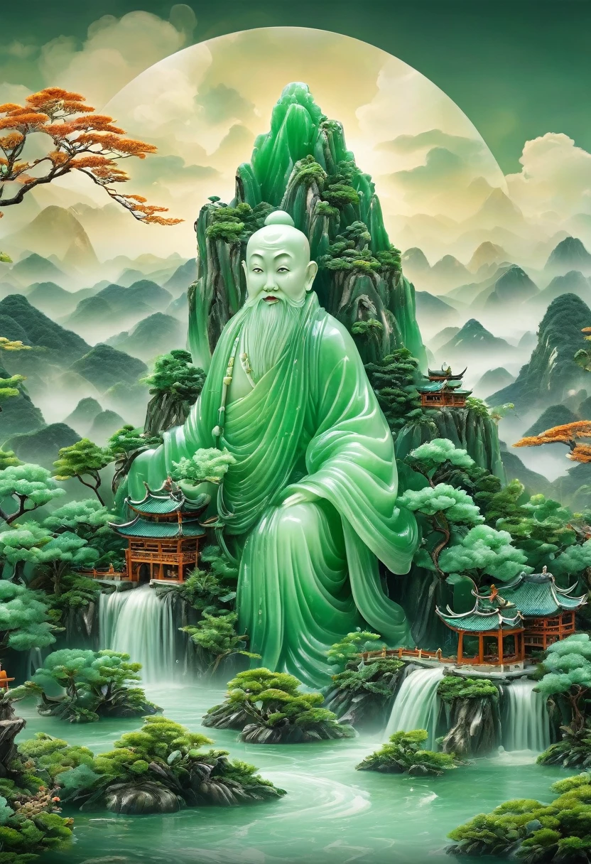 best quality, very good, 16K, ridiculous, Extremely detailed, Gorgeous mountain，Monk，Made of translucent jadeite, Background grassland（（A masterpiece full of fantasy elements）））， （（best quality））， （（Intricate details））（8k）