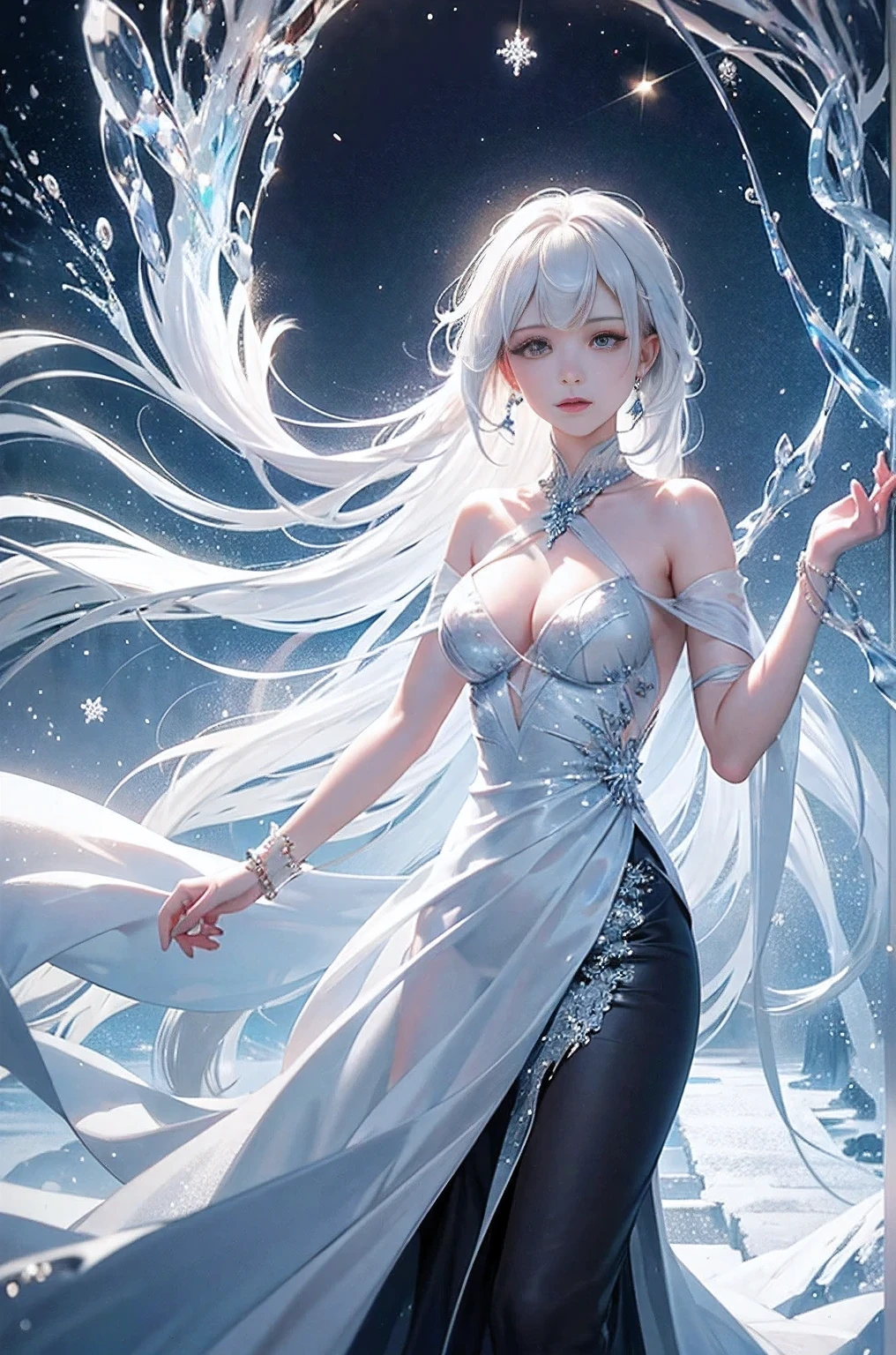 wood, Detailed mini ice spikes and crystals, Frozen waterfall as background, Light reflected on ice crystals, Flowing snowflakes.Beautiful woman、white hair、cutegirl,Realistic people,black dress
