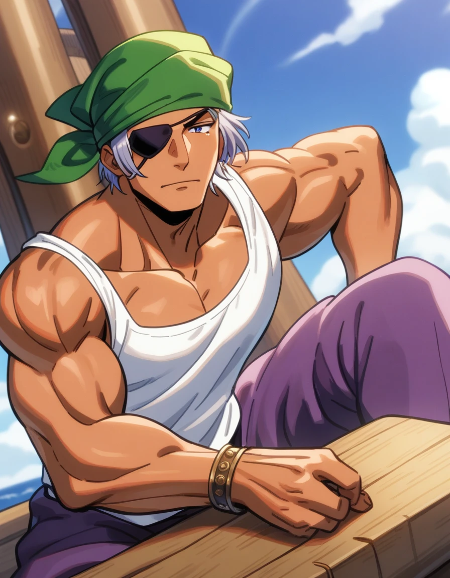 1man, muscular mature, pirate, green head scarf, gray hair, bangs, blue 1eye, black eyepatch, short hair, ordinary, tanned skin, solo, red waist cloth, purple arabian pants, white sleeveless shirt, loose fitting shirt, tented shirt, on mediaeval ship, 1990s, VHS quality, masterpiece, best quality