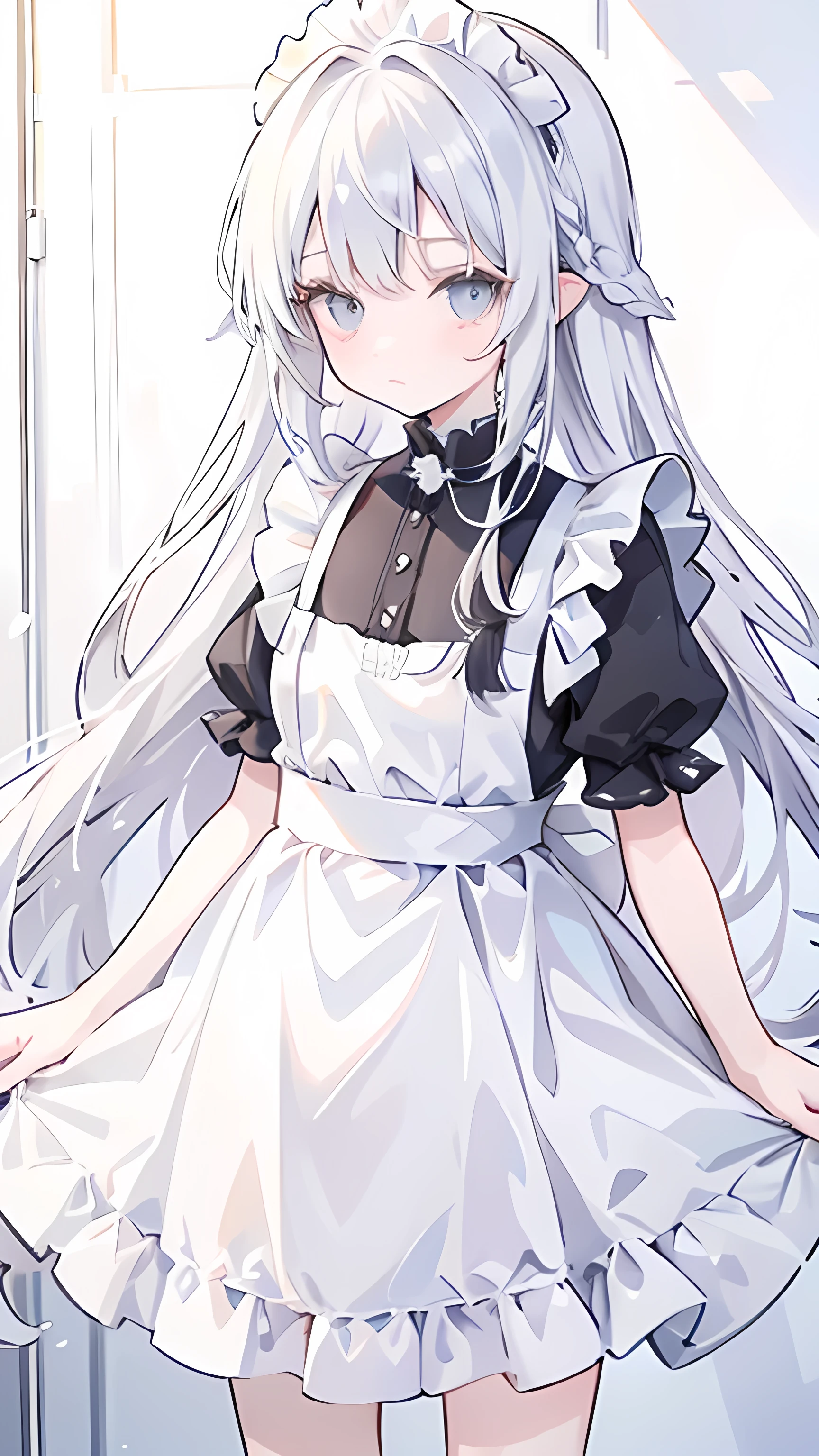 Tomboy girl, elbow-length white hair, long bangs in the middle, wearing a maid outfit, Challenge expression,gray eyes,Hair is not long but not short,