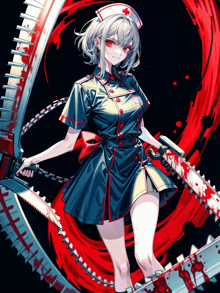blood, blood splatter, blood on clothes, blood stain, hospital, ((nurse uniform)), holding Chainsaw machine, absurdres, RAW photo, extremely delicate and beautiful, masterpiece, Best Quality, ultra high resolution, 32k, hyperrealistic, ultra-detailed, detailed description, pale skin, 20 years old, tearful mole, earring, Colossal tits, short medium hair, wavy hair, evil grin, full body shot,