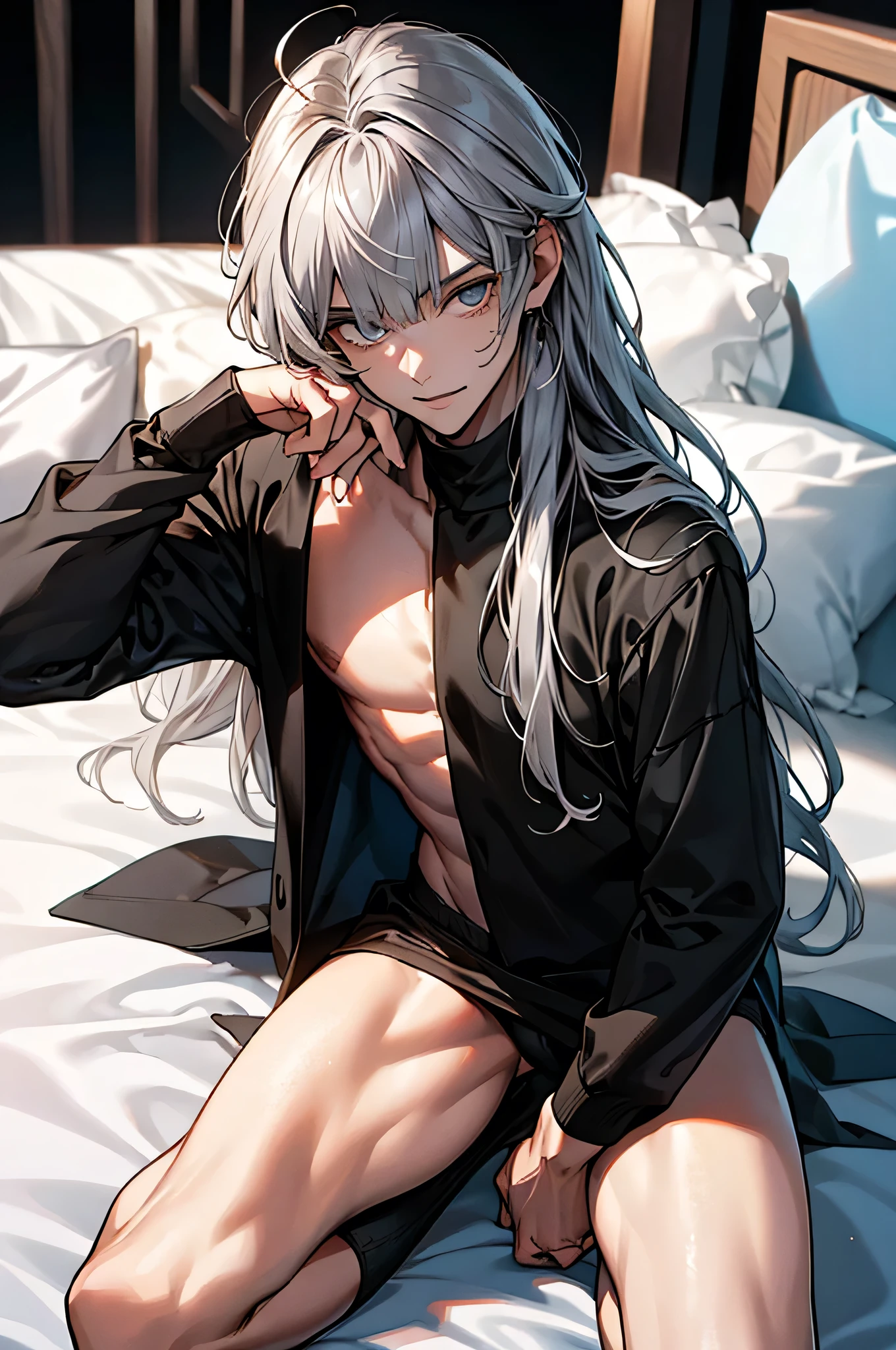 (Disorganized, High resolution, Super detailed), ((one-boy:1.3)), ((Defined body)),((legs spread wide in bed:1.3)),Handsome, man in his 20s,(Kneeling pose),、((Gray Hair,blunt bangs,long hair)),, Fine eyes and a fine face,Light skin, Eyeliner, (Beautiful boy),,smile,(White), Sexy is,youth,Photo taken from above,Night Time