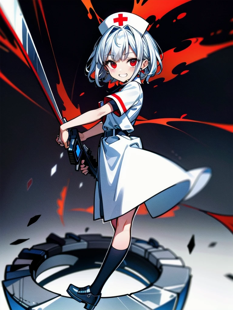 (blood), (blood splatter), (blood on clothes), (blood stain), hospital, ((nurse uniform)), (holding electric chainsaw), absurdres, RAW photo, extremely delicate and beautiful, masterpiece, Best Quality, ultra high resolution, 32k, hyperrealistic, ultra-detailed, detailed description, pale skin, 20 years old, tearful mole, earring, Colossal tits, short medium hair, wavy hair, evil grin, full body shot,