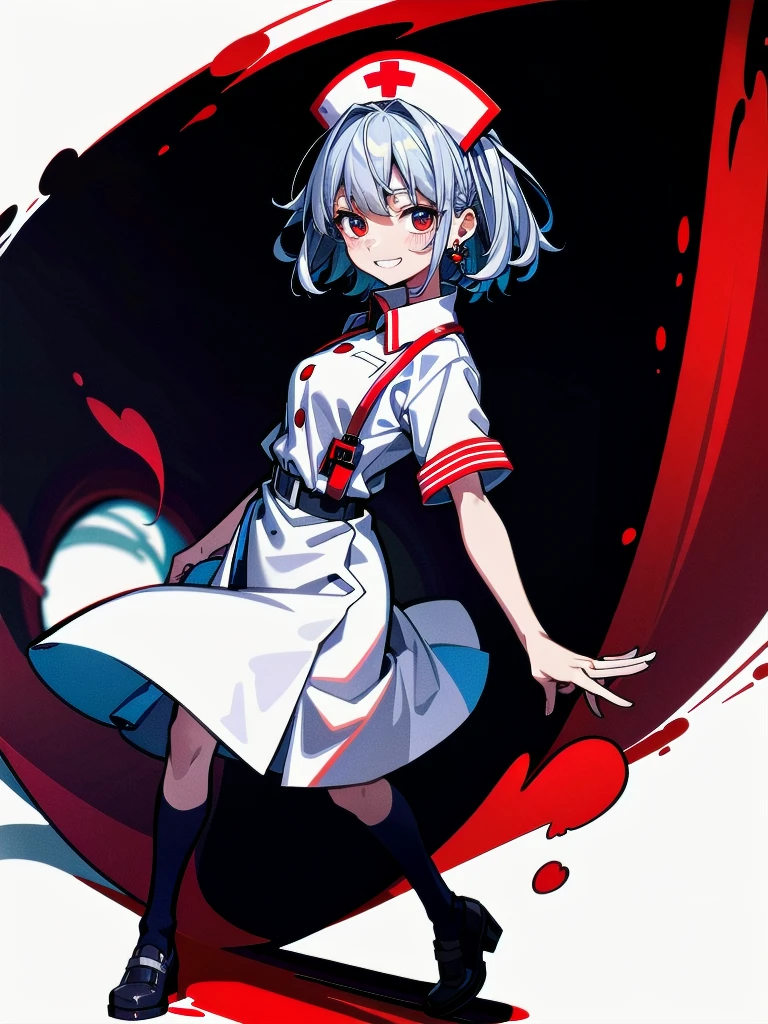 (blood), (blood splatter), (blood on clothes), (blood stain), hospital, ((nurse uniform)), (holding electric chainsaw), absurdres, RAW photo, extremely delicate and beautiful, masterpiece, Best Quality, ultra high resolution, 32k, hyperrealistic, ultra-detailed, detailed description, pale skin, 20 years old, tearful mole, earring, Colossal tits, short medium hair, wavy hair, evil grin, full body shot,
