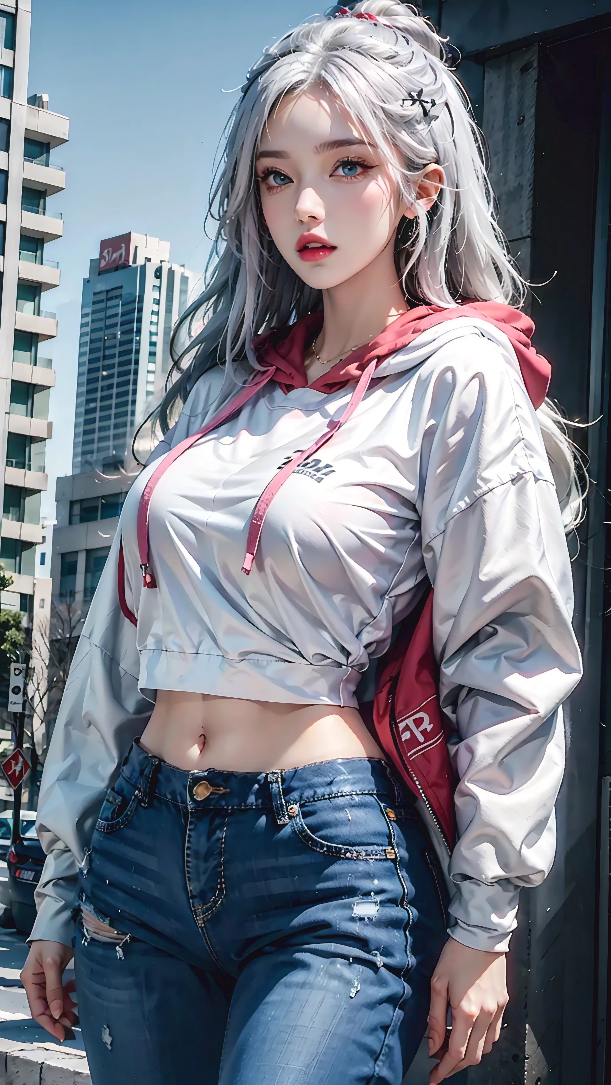 Reality, high resolution, 1 female, Shiny skin, Solitary, Tattoo, jewelry, Pink lips, Long white hair, blue eyes, Shut up, Hips up, outdoor, Hoodies, Streetwear