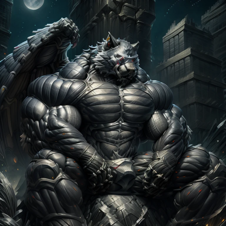 (masterpiece, best quality, detailed:1.2) detailed full body, 8K, freddy, wolf muscular werewolf, muscular! Commission for High Res, unusually developed muscular body, body full of huge muscles. pectorales enormes. Exaggeratedly huge muscles. Gigachad Muscular, 8K, Masterpiece, highres, future fiction. black visor, Detailed head, Detailed Body,full body, Detailed abs, wearing crNanosuit,strong and imposing, thicc, Spread wings, It has wings. have big wings. in a night city, sitting on the throne,