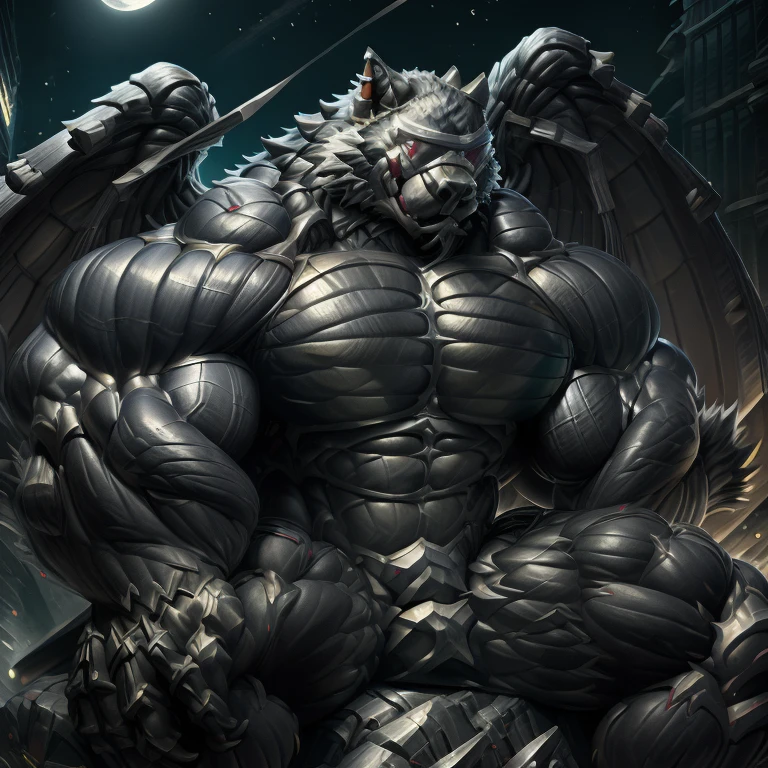 (masterpiece, best quality, detailed:1.2) detailed full body, 8K, freddy, wolf muscular werewolf, muscular! Commission for High Res, unusually developed muscular body, body full of huge muscles. pectorales enormes. Exaggeratedly huge muscles. Gigachad Muscular, 8K, Masterpiece, highres, future fiction. black visor, Detailed head, Detailed Body,full body, Detailed abs, wearing crNanosuit,strong and imposing, thicc, Spread wings, It has wings. have big wings. in a night city, sitting on the throne,