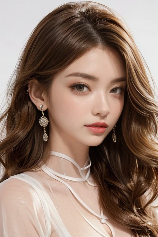 highest quality, Very detailed, masterpiece, 1 person,woman,(((完璧なwomanの体))),Very beautiful face, Very beautiful body,Gentle expression, Very beautiful eyes,(Perfect Makeup:1.1),Fashion Model,Curly Hair,Shaggy Hair,Fluorescent pink and blue hair:1.3, Very thin body,Smart Abs, Chiffon blouse,A kind smile,Upper body portrait,(White Background), (Shiny skin),(Earrings),