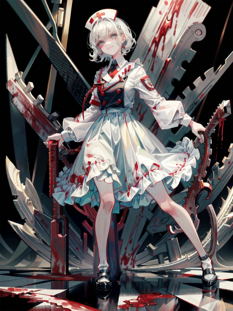 (blood), (blood splatter), (blood on clothes), (blood stain), hospital, ((nurse uniform)), (holding electric chainsaw), absurdres, RAW photo, extremely delicate and beautiful, masterpiece, Best Quality, ultra high resolution, 32k, hyperrealistic, ultra-detailed, detailed description, pale skin, 20 years old, tearful mole, earring, Colossal tits, short medium hair, wavy hair, evil grin, full body shot,
