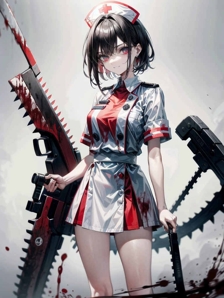 (blood), (blood splatter), (blood on clothes), (blood stain), hospital, ((nurse uniform)), (holding electric chainsaw), absurdres, RAW photo, extremely delicate and beautiful, masterpiece, Best Quality, ultra high resolution, 32k, hyperrealistic, ultra-detailed, detailed description, pale skin, 20 years old, tearful mole, earring, Colossal tits, short medium hair, wavy hair, evil grin, full body shot,