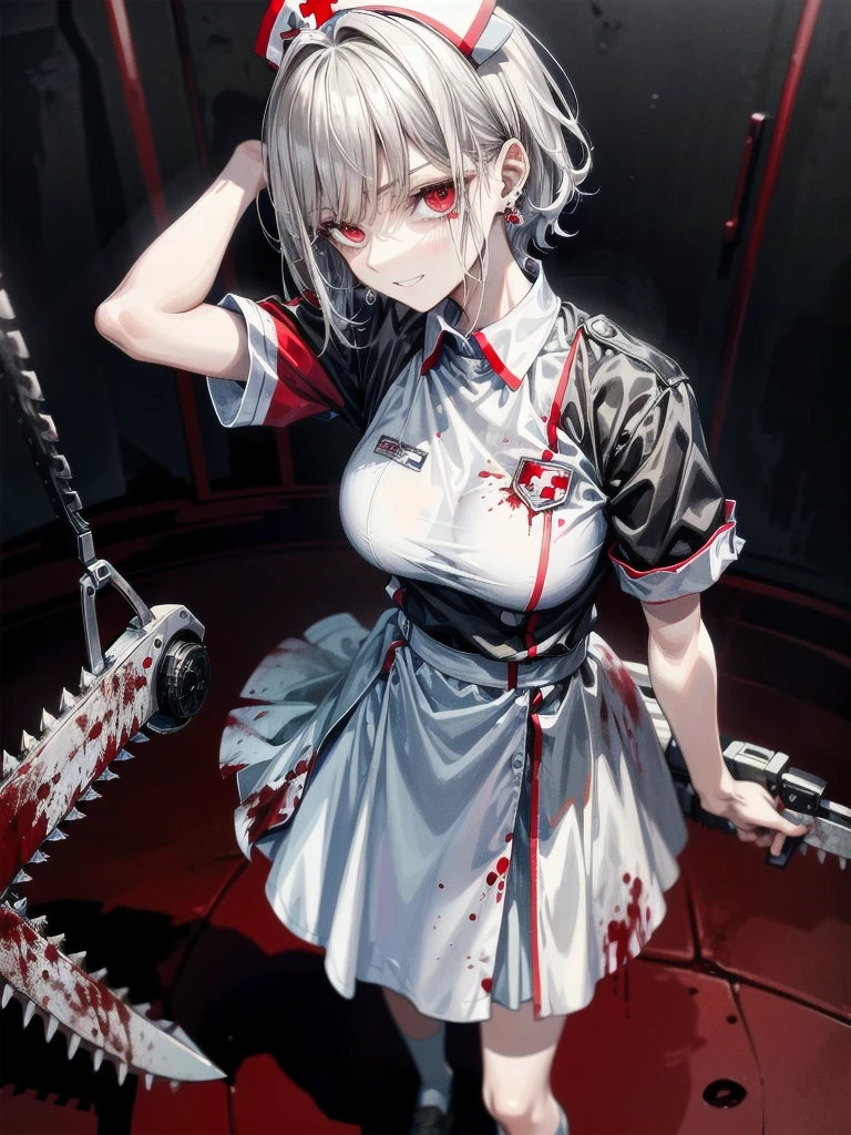 Voiidoll, girl named mutilated mimi, gory scene, blood everywhere, violent scene, blood splatter, closed mouth, white short hair, white frilly outfit, dark setting , shadow over face