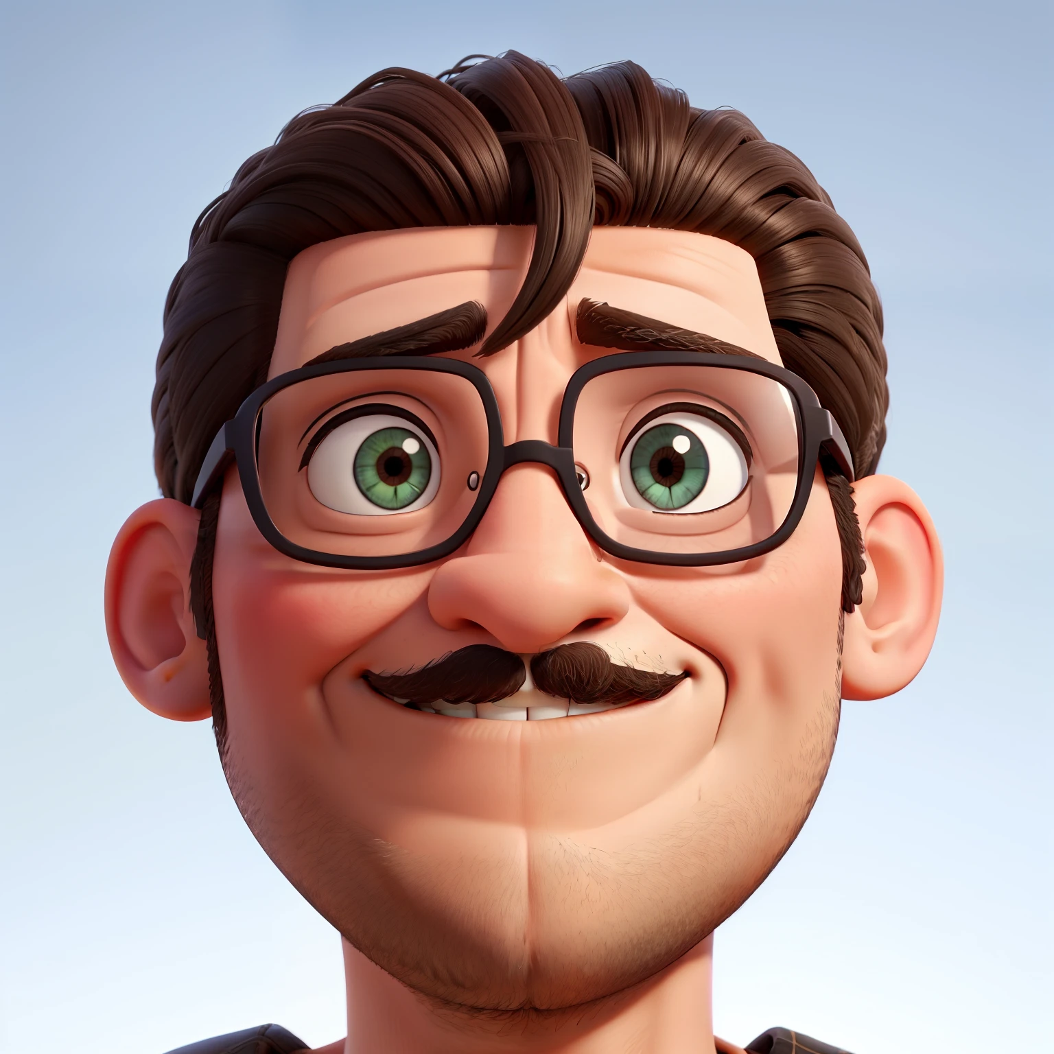 macho, 40 anos, seios grandes ligeiramente gordos, rosto redondo, （（cabelo preto curto））, （（sorridente）），（White Frame Glasses）, olhos pequenos,（ Head Photo）, fundo branco puro，sem rugas，no facial hair