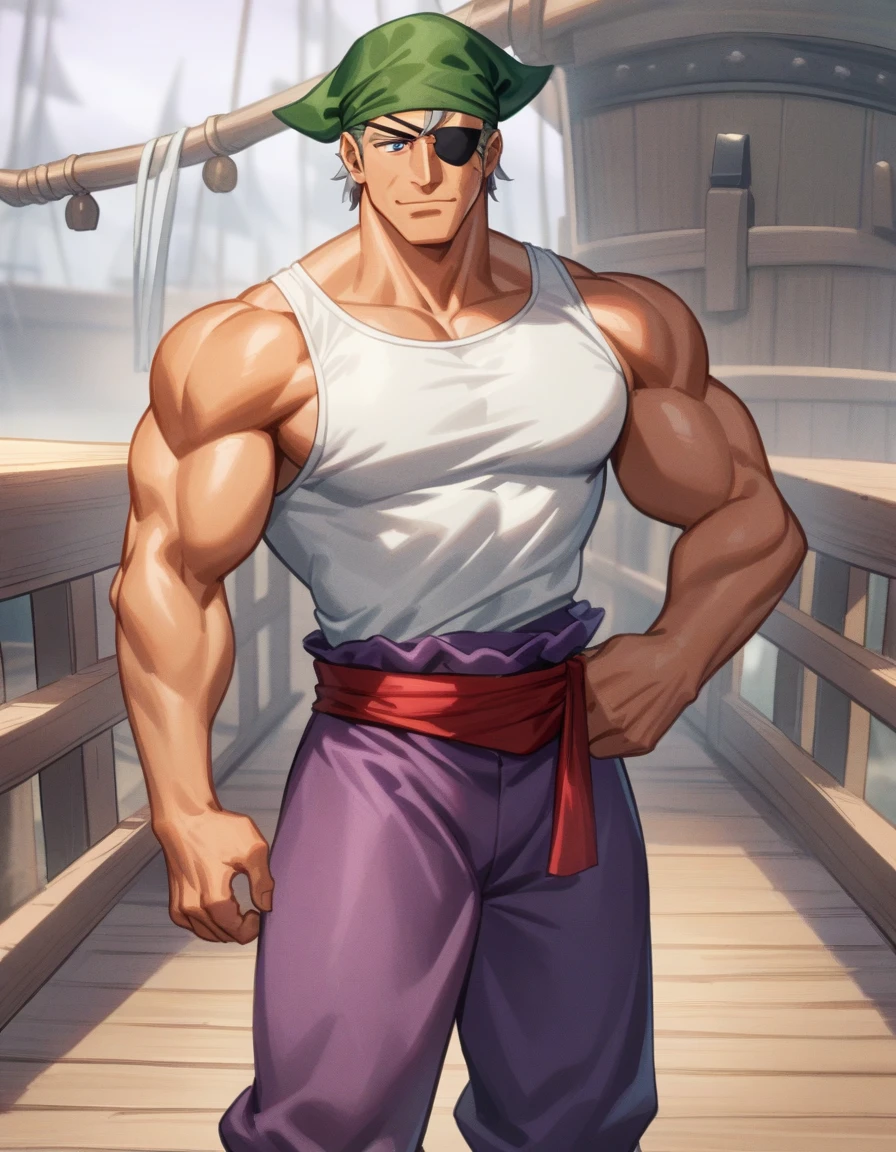 1man, muscular mature, pirate, green head scarf, gray hair, bangs, blue 1eye, black eyepatch, short hair, ordinary, tanned skin, solo, red waist cloth, purple arabian pants, white sleeveless shirt, loose fitting shirt, tented shirt, on mediaeval ship, 1990s, VHS quality, masterpiece, best quality