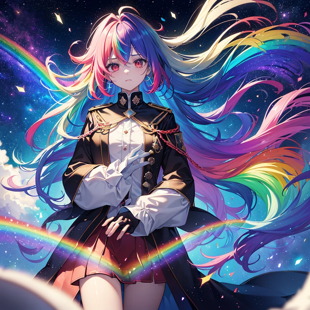 ((Fantasy Rainbow Hair Make your hair rainbow-colored on the inside Long Hair Dull red eyes Have a galaxy uniform Put on a coat without putting your arms through it Lonely despair)) ((Tears gloves)) (Broken glass Distorted Space-Time star) Catch the wind fall Shining Background Particles of light, rainbow-colored edges