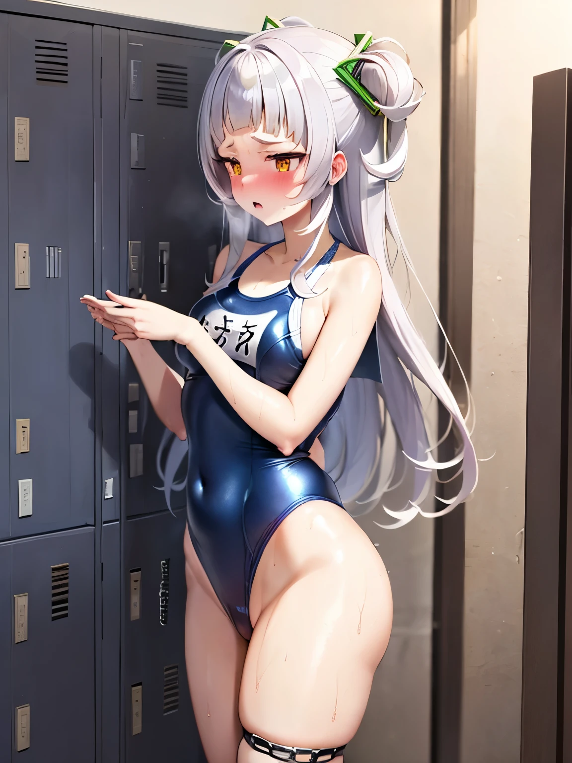 NSFW,Hololive,Shion Murasaki,Long Hair,(Swimsuit:1.5),(High leg swimsuit:1.5),(Perfect hands),(Perfect Anatomy),(masterpiece),(highest quality),School,locker room,Embarrassed,blush