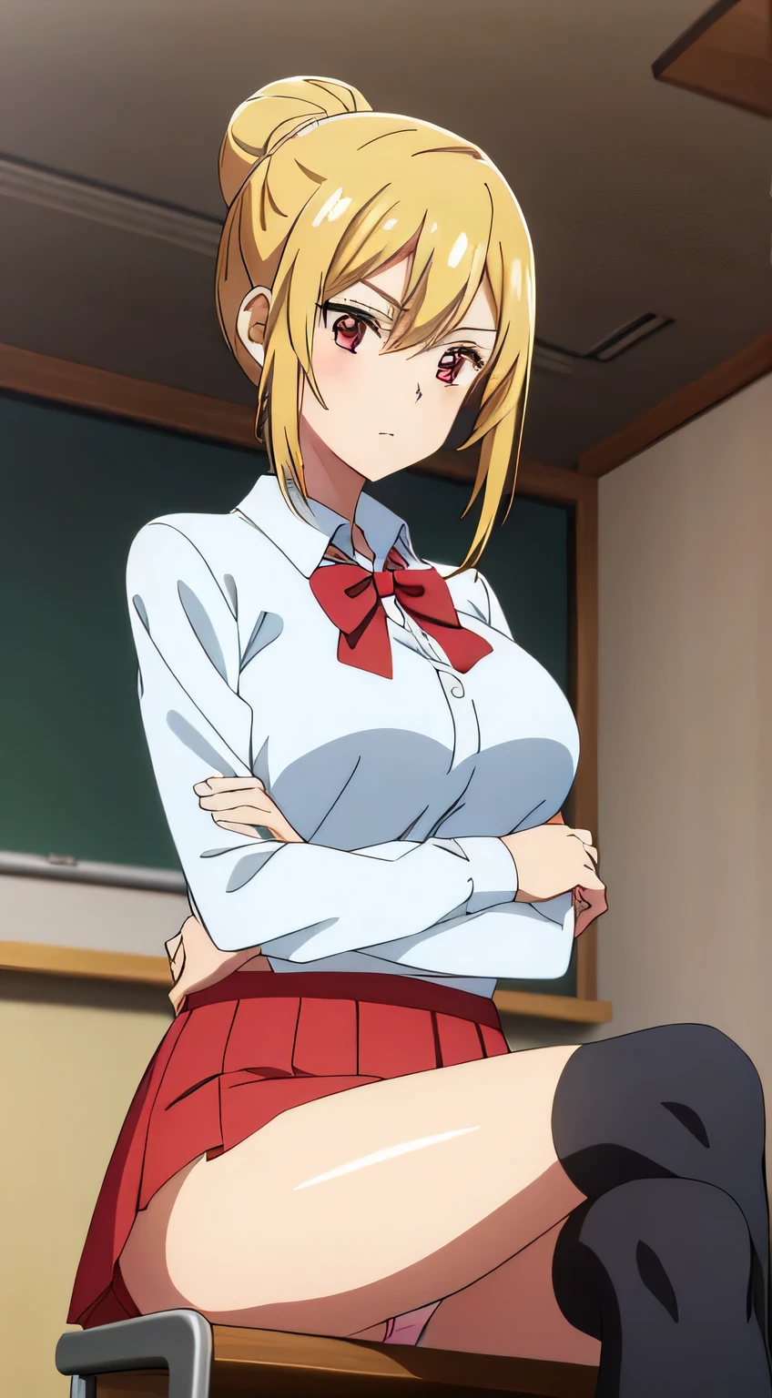best quality, high resolution, 8K, anime art style, beautiful detailed eyes, extremely detailed face, soft expression, stylish pose, Angelica V4,1girl,solo,red eyes, (collared shirt, white shirt, miniskirt, panties,classroom, cowboy shot), looking at the audience, in the center of the image, beautiful large medium-sized breasts, beautiful face, slim waist, appealing, soft lighting,Crossing your legs, Sitting,tights