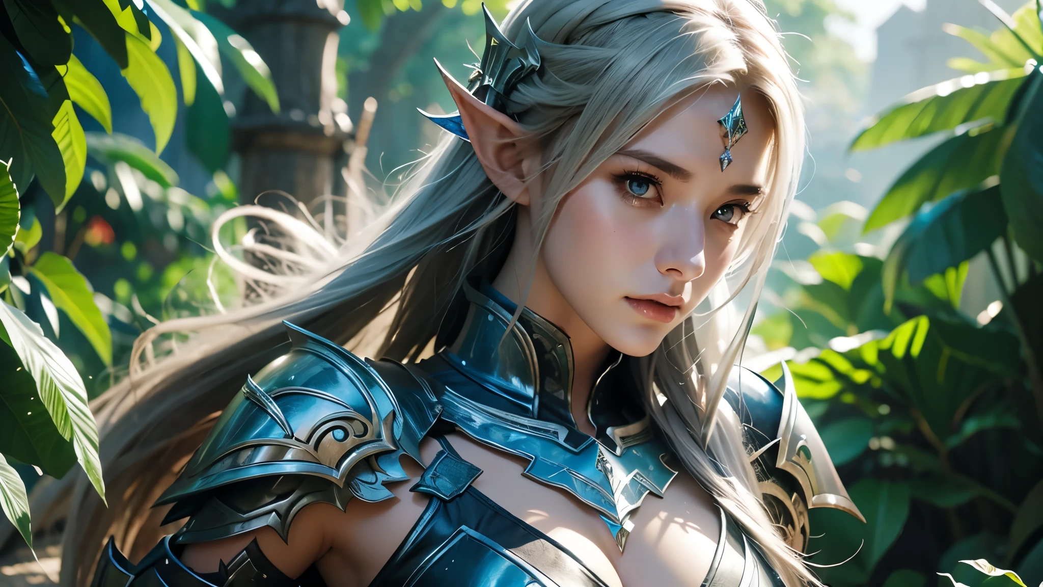 Close-up of a woman holding a sword and armor, Armor Girl, 2. 5D CGI anime fantasy artwork, Female Elf, Large scale navel exposure,Epic fantasy digital art style, detailed Digital 2D fantasy art, Digital 2D fantasy art, Gorgeous female paladin, Female Knight,Bare belly, Role Playing Game Character Art, beautiful Female Knight, Fantasy Character Art, Epic and beautiful character art, beautiful female warrior,Background is jungle,semi-body photography