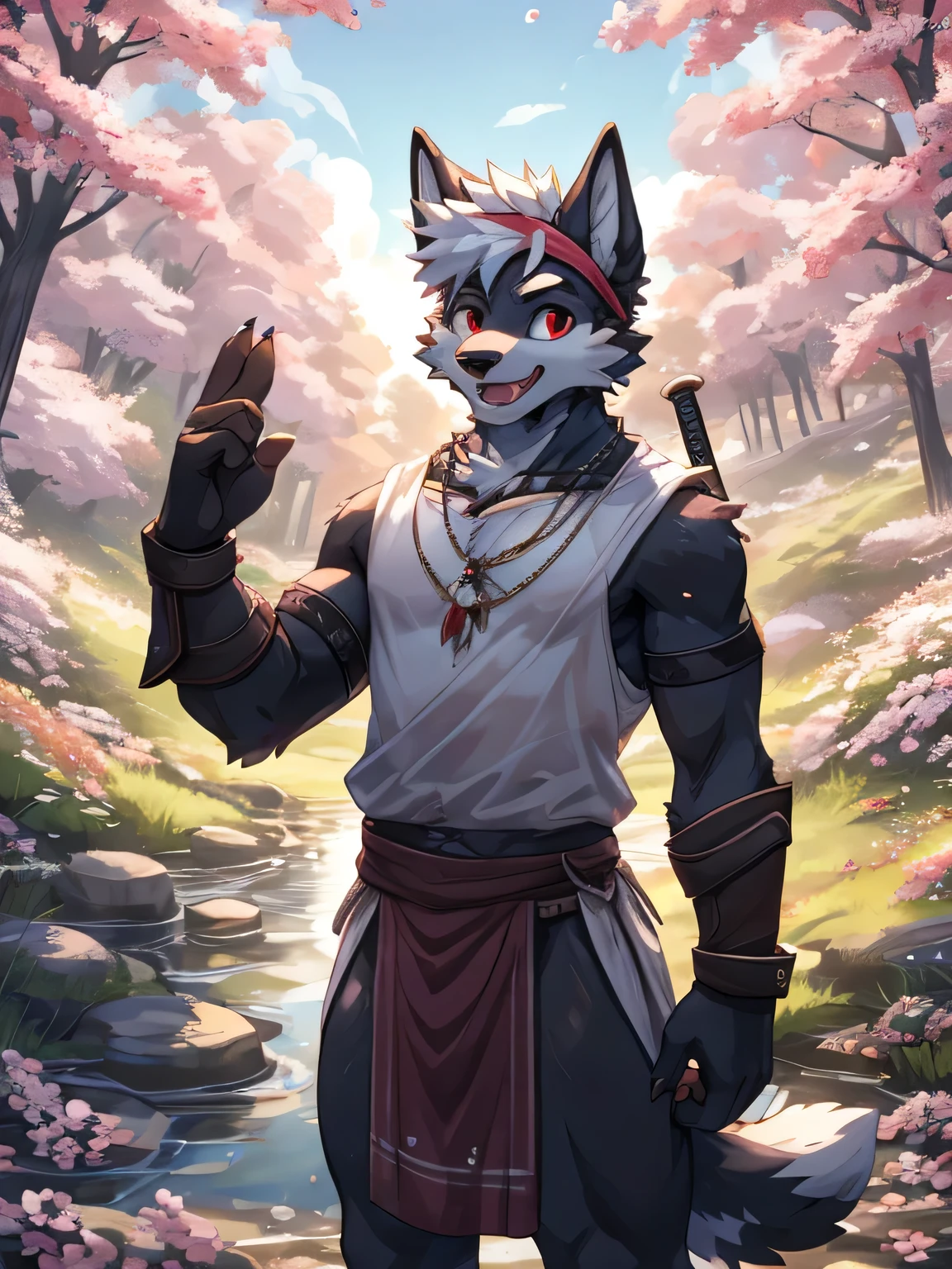 furry,male,Small fresh meat, age, white hair, White spiky hair on the head,dog, dim red eyes, loincloth, naked_shirt,masterpiece, Black body hair, Delicate face, Big eyebrows, Delicate eyes, detailed body, Detailed hands, Detailed claws, White headband,outdoor,open mouth,greetings,saying hello,looking at viewer,necklace,standing,wrist guard,kneecap,elbow pad,sword after back,plum blossom,rivulet,a shining pearl in the rivulet