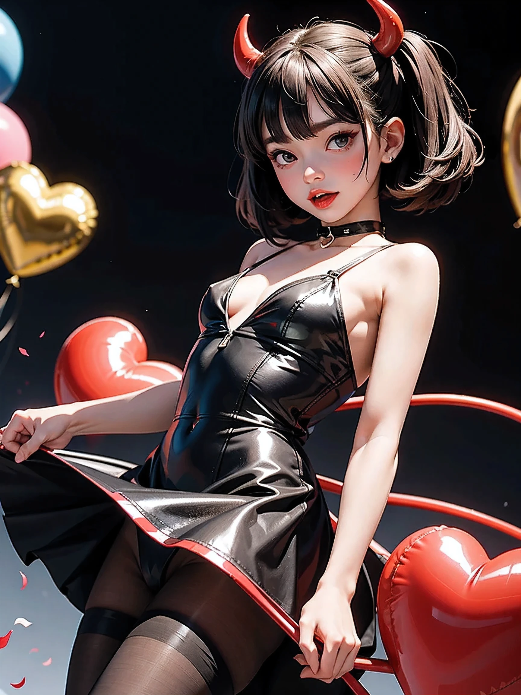 Little devil, heart-shaped tail, mature expression, eyeliner, tongue sticking out, shyness, wiggles, little devil's cute outfit, red lipstick, upturned eyes, blurred background of many balloons