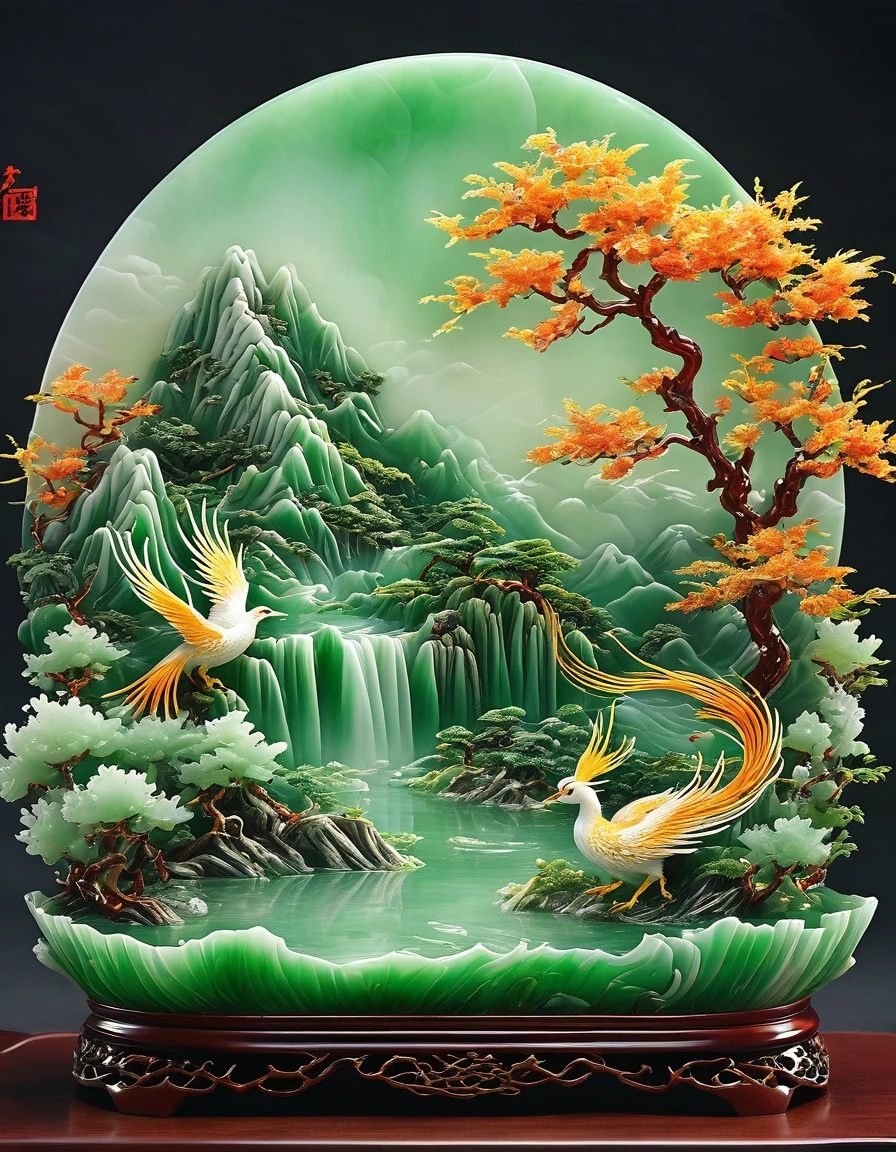 best quality, very good, 16K, ridiculous, Extremely detailed, Gorgeous mountain，Phoenix，Made of translucent jadeite, Background grassland（（A masterpiece full of fantasy elements）））， （（best quality））， （（Intricate details））（8k）