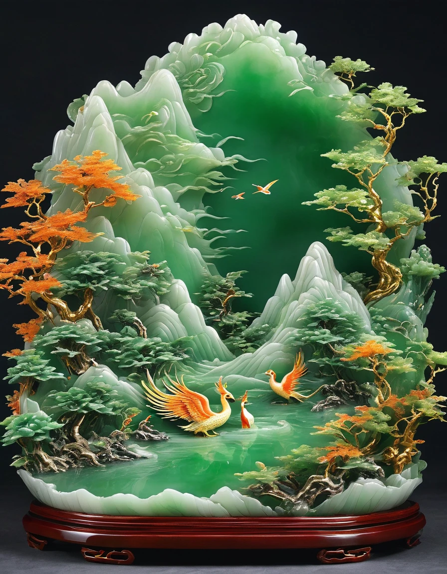best quality, very good, 16K, ridiculous, Extremely detailed, Gorgeous mountain,Phoenix,Made of translucent jadeite, Background grassland((A masterpiece full of fantasy elements))), ((best quality)), ((Intricate details))(8k)