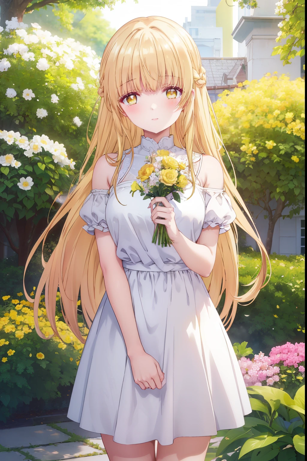 Mahiru shiina, , blonde, (Yellow Eyes:1.3)、Braided long hair,,blush,smile,Captivating thighs、Beautiful bare legs, Sideways armpit、Very cute short sleeve、Flower Garden、Holding a bouquet💐
(masterpiece:1.2), highest quality, High resolution, unity 8k wallpaper, (shape:0.8), (Beautiful and beautiful eyes:1.6), Highly detailed face, Perfect lighting, Highly detailed CG, (Perfect hands, Perfect Anatomy),