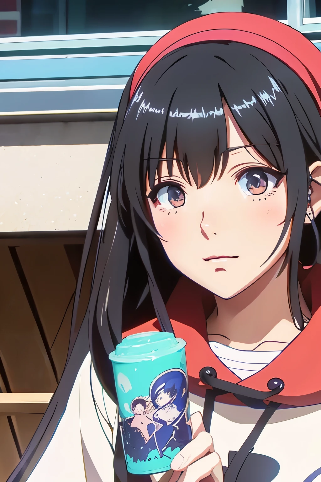 Anime style images。girl。resting one's chin on the desk。Staring out the window。Warm sunshine。evening。There is a cat。