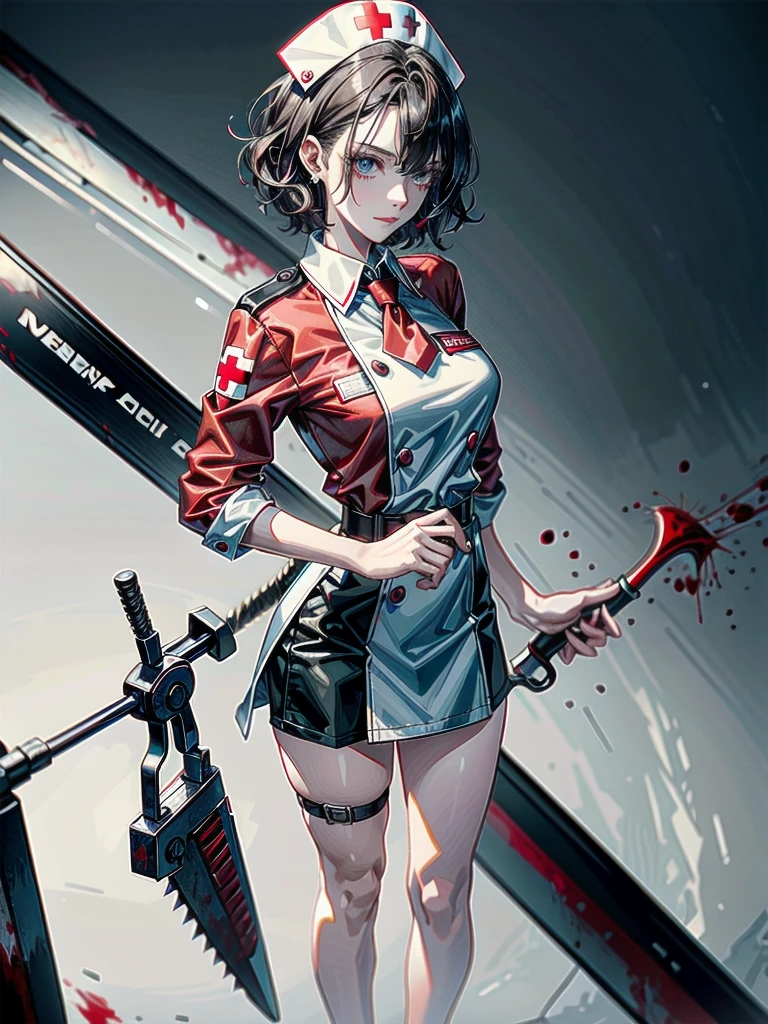 blood, blood splatter, blood on clothes, blood stain, hospital, ((nurse uniform)), holding electric chainsaw, absurdres, RAW photo, extremely delicate and beautiful, masterpiece, Best Quality, ultra high resolution, 32k, hyperrealistic, ultra-detailed, detailed description, pale skin, 20 years old, tearful mole, earring, Colossal tits, short medium hair, wavy hair, evil grin, full body shot,