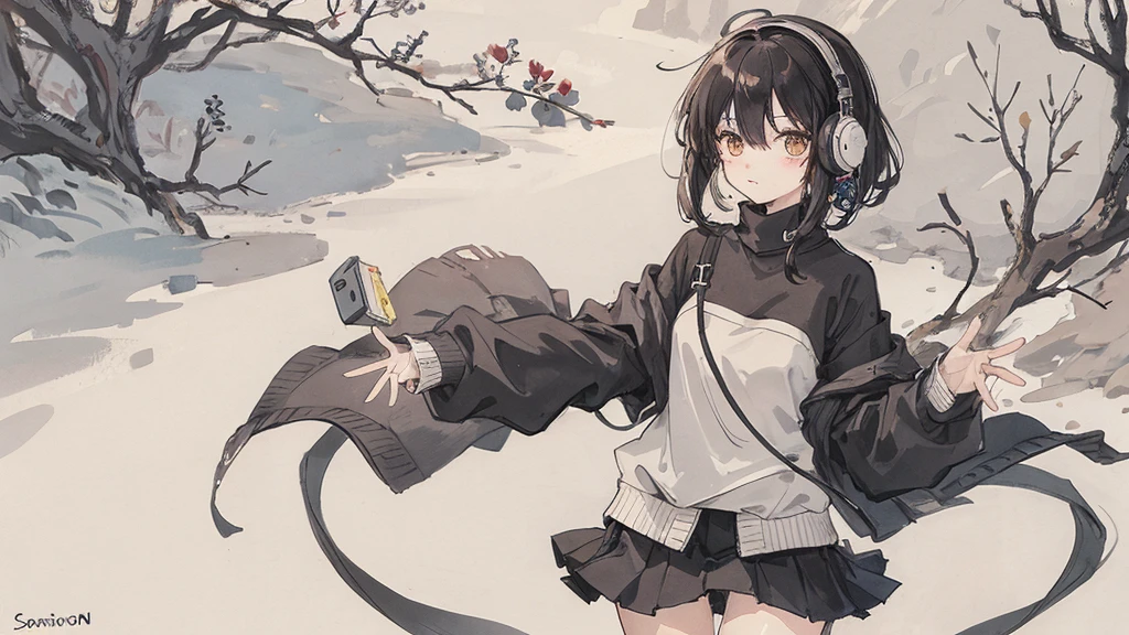 sparrow, black hair girl, wearing a sweater, black skirt, medium hair, headphone, because I'thin, teen, serious face, Japanese high school girl. She stands at the shrine,cherry blossoms,Looking up at the blue sky,Walking through the streets of cherry blossoms
