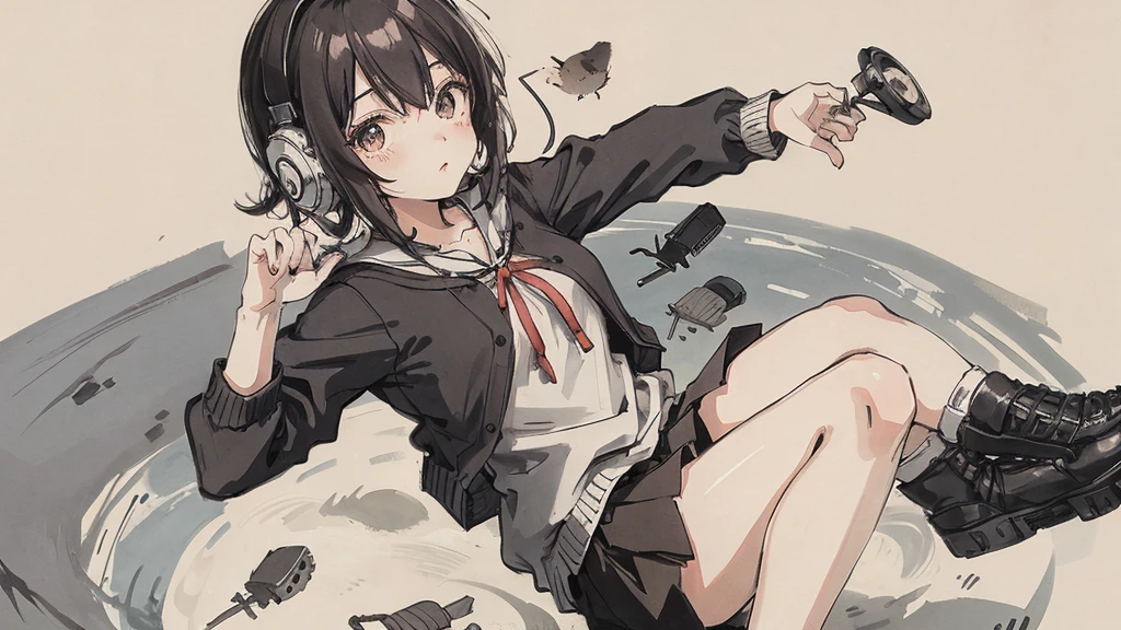 sparrow, black hair girl, wearing a sweater, black skirt, medium hair, headphone, because I'thin, teen, serious face, Japanese high school girl. She stands at the shrine,cherry blossoms,Looking up at the blue sky,Walking through the streets of cherry blossoms