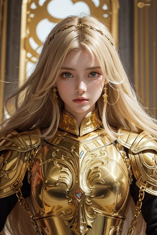Attractive 18 year old Russian famous model, Light blonde hair, Close-up of a woman wearing only armor and separates made of gold metal chains, Beautifully patterned gold armor, Sailor Galaxy, God Emperor of Mankind, She is wearing only a gold separate armor., Saint Seiya, Gold Paladin, Light Gold Armor, welcome, He wears only separate pieces of gold armor., Only a separate armor made of shiny golden metal chains., Wearing only separate armor made of shiny golden chains,, Gold Armor, Wearing only separate armor pieces made of shiny gold chains, The welcomes of gold, Charismatic, Model standing,The whole body shines like a diamond,