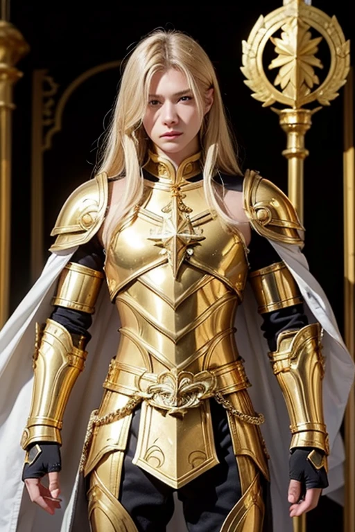 Attractive 18 year old Russian famous model, Light blonde hair, Close-up of a woman wearing only armor and separates made of gold metal chains, Beautifully patterned gold armor, Sailor Galaxy, God Emperor of Mankind, She is wearing only a gold separate armor., Saint Seiya, Gold Paladin, Light Gold Armor, welcome, He wears only separate pieces of gold armor., Only a separate armor made of shiny golden metal chains., Wearing only separate armor made of shiny golden chains,, Gold Armor, Wearing only separate armor pieces made of shiny gold chains, The welcomes of gold, Charismatic, Model standing，The whole body shines like a diamond，