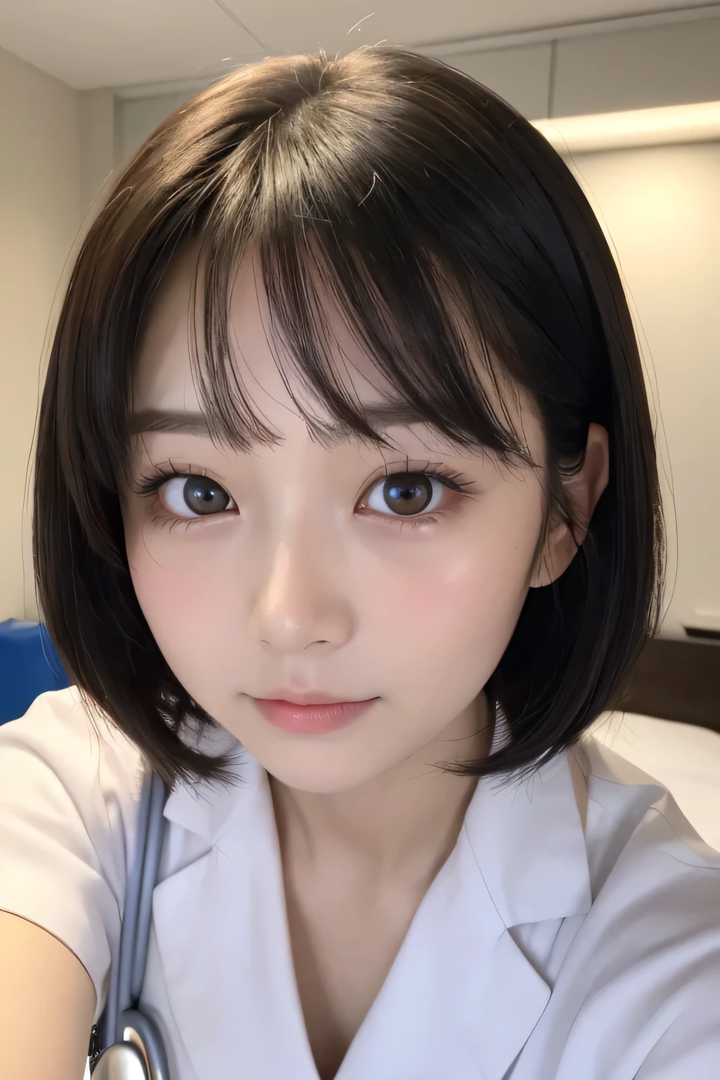 (1 Girl)、(Beautiful Japanese、18years old,round face、Refreshing、clear、seems kind、stylish、Pitiful、cute like an angel、cute、black eyes、,actress,Almond-shaped eyes), Good style , (Beautiful big breasts:1.2),(soft breasts),(very cute),(Black hair),(short bob hair),(enchanting eyes),(highlight on eyes:1.2)、(8K、Live shooting、highest quality、masterpiece:1.2、optimal lighting)、((masterpiece)),(Photo taken by a professional photographer),(real、photo real:1.4),break,{ (White nurse costume),(((taraditional nurse uniform))),,{(White nurse tight pants)},(cleavage:1.2)},(Scared:1.4),(tears:1.4))(cheeks are red:1.2), break, break,Hospital,Face shot:1.3、Hospital room、Looking at viewer:1.6, face close-up,Looking up