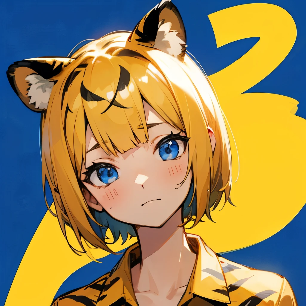 woman、short hair、Blue Eyes、Number 58 on background、Yellow Aloha Shirt、Tiger ears、Light hits the face from the front