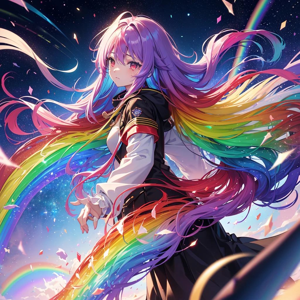 ((Fantasy Rainbow Hair Make your hair rainbow-colored on the inside Long Hair Dull red eyes Have a galaxy uniform Put on a coat without putting your arms through it Lonely despair)) ((Tears gloves)) (Broken glass Distorted Space-Time star) Catch the wind fall Shining Background Particles of light, rainbow-colored edges