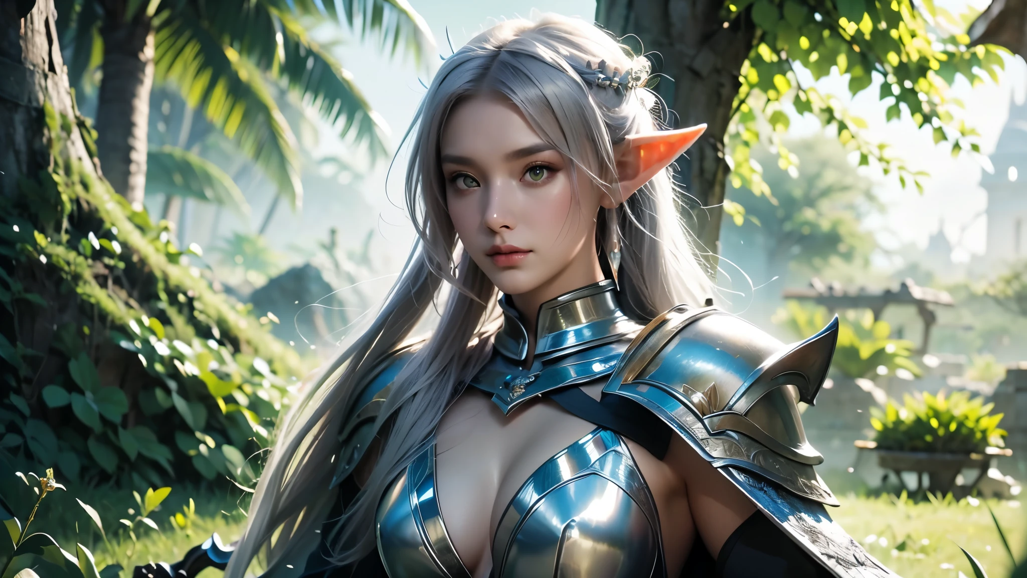 Close-up of a woman holding a sword and armor, Armor Girl, 2. 5D CGI anime fantasy artwork, Female Elf, Large scale navel exposure,Epic fantasy digital art style, detailed Digital 2D fantasy art, Digital 2D fantasy art, Gorgeous female paladin, Female Knight,Bare belly, Role Playing Game Character Art, beautiful Female Knight, Fantasy Character Art, Epic and beautiful character art, beautiful female warrior,Background is jungle,semi-body photography